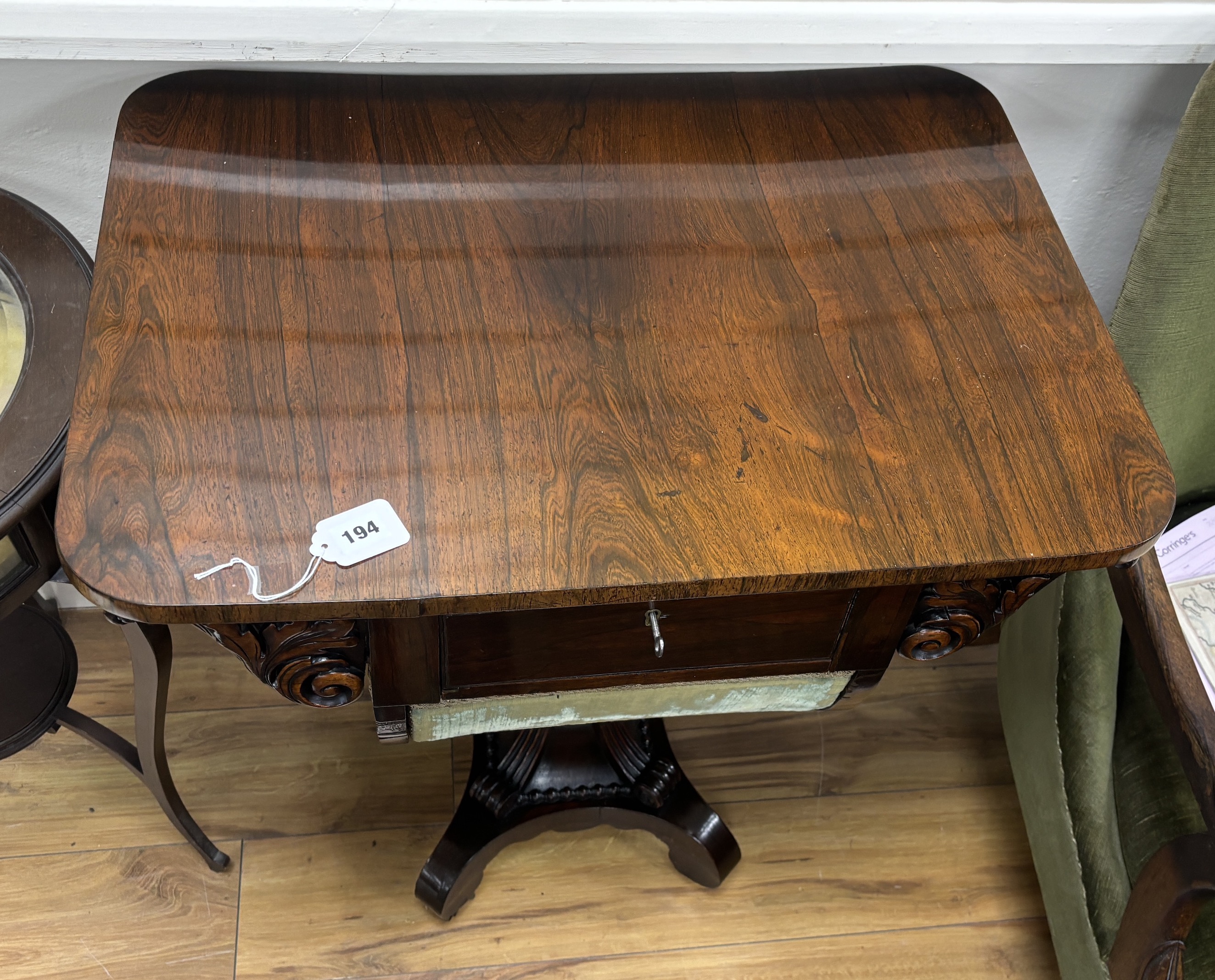 An early Victorian rosewood work table, width 69cm, depth 50cm, height 78cm